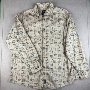 Vintage Woolrich Fishing Shirt XL‎ Beige Fly Lures Print Outdoors Cotton